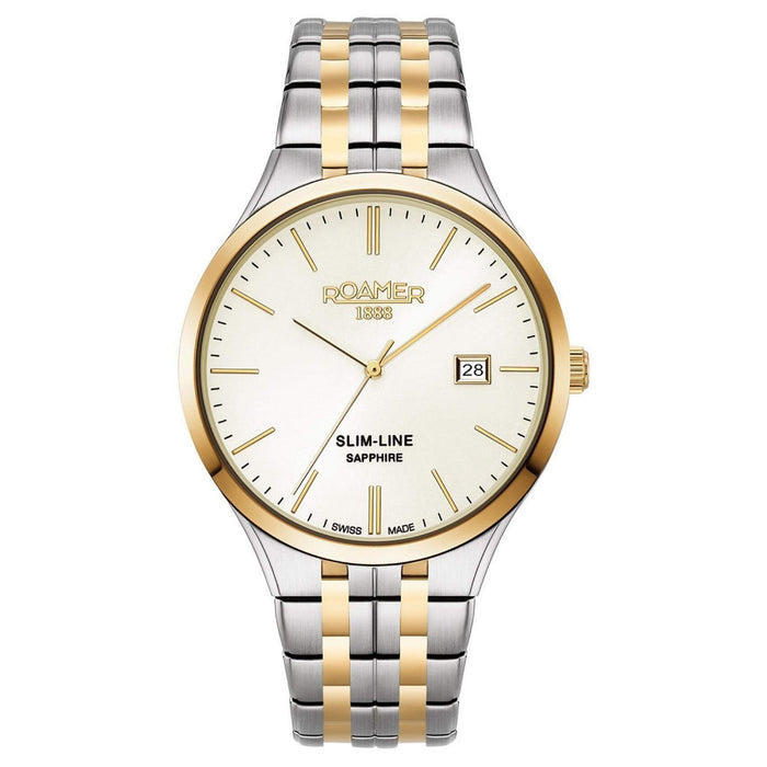 Ρολόι Roamer Slim Line 512833-47-35-20 με δίχρωμο ασημί-χρυσό μπρασελέ, άσπρο καντράν με ένδειξη ημερομηνίας και διάμετρο στεφανιού 40mm.