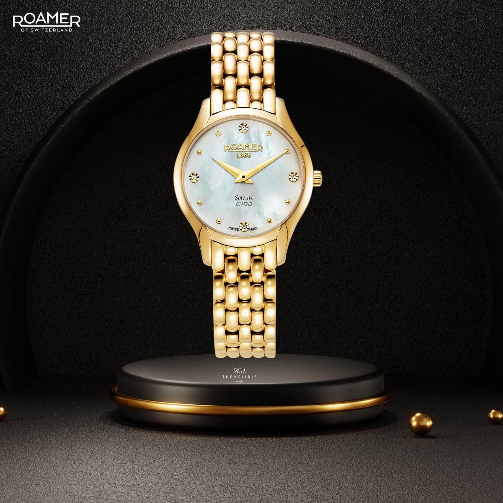 Γυναικείο ρολόι Roamer Soleure Diamond 547857-48-25-50 με χρυσό ατσάλινο μπρασελέ και άσπρο φίλντισι καντράν διαμέτρου 30mm με διαμάντια.