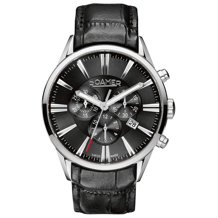 Ρολόι χρονογράφος Roamer Superior Chrono 508837-41-55-05 με μαύρο δερμάτινο λουράκι, μαύρο καντράν, μηχανισμό μπαταρίας quartz, τζαμάκι από ζαφείρι και στεφάνι διαμέτρου 44mm.