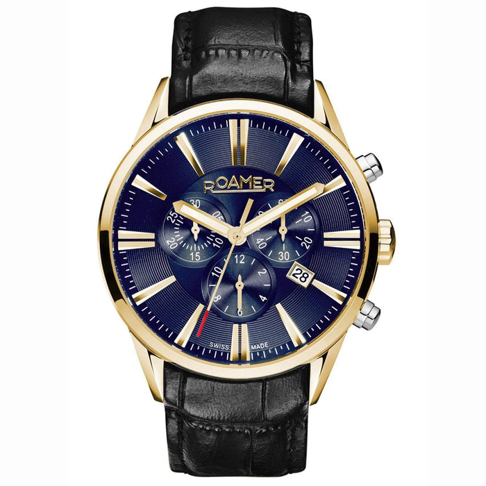 Ρολόι χρονογράφος Roamer Superior Chrono 508837-47-85-05 με μαύρο δερμάτινο λουράκι, μπλε καντράν, μηχανισμό μπαταρίας quartz, τζαμάκι από ζαφείρι και στεφάνι διαμέτρου 44mm.