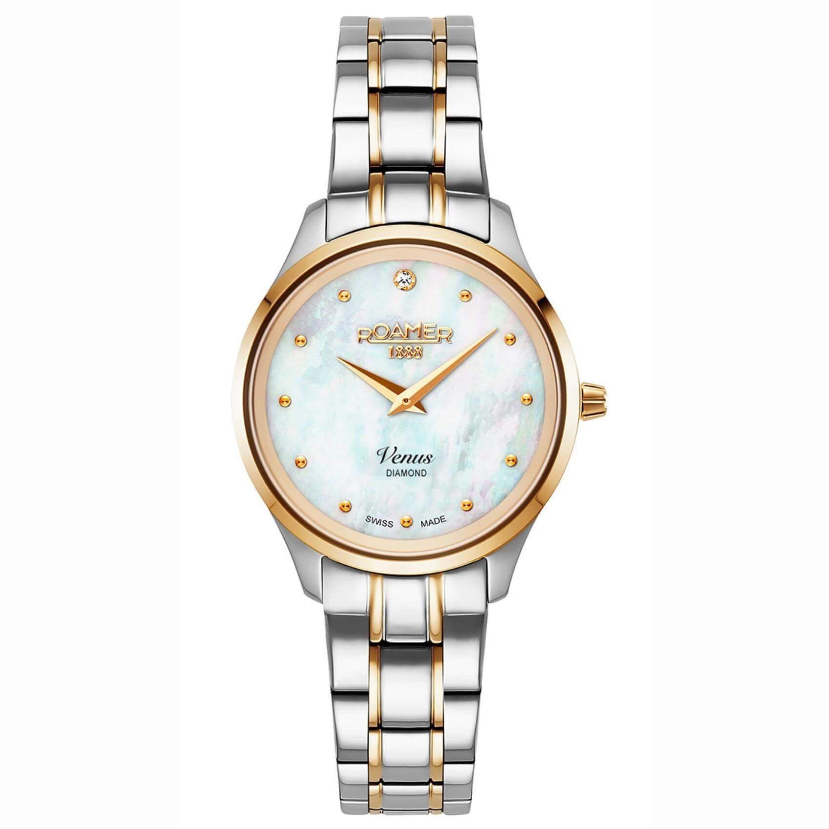 Ρολόι Roamer Venus Diamonds 601857-47-89-20 με δίχρωμο ασημί-χρυσό ατσάλινο μπρασελέ, άσπρο φίλντισι καντράν με διαμάντια, μηχανισμό μπαταρίας quartz, τζαμάκι από ζαφείρι και στεφάνι διαμέτρου 30mm.