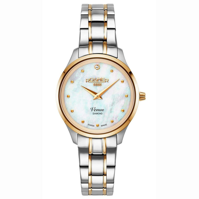 Ρολόι Roamer Venus Diamonds 601857-47-89-20 με δίχρωμο ασημί-χρυσό ατσάλινο μπρασελέ, άσπρο φίλντισι καντράν με διαμάντια, μηχανισμό μπαταρίας quartz, τζαμάκι από ζαφείρι και στεφάνι διαμέτρου 30mm.