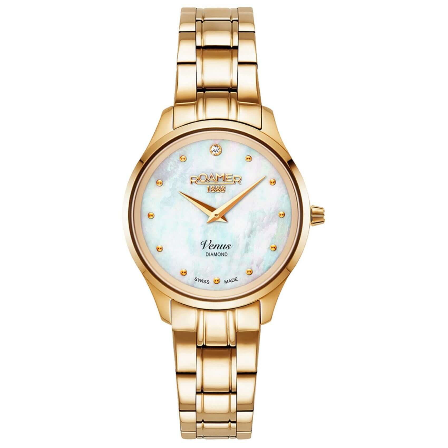 Ρολόι Roamer Venus Diamonds 601857-48-89-20 με χρυσό ατσάλινο μπρασελέ, άσπρο φίλντισι καντράν με διαμάντια, μηχανισμό μπαταρίας quartz, τζαμάκι από ζαφείρι και στεφάνι διαμέτρου 30mm.