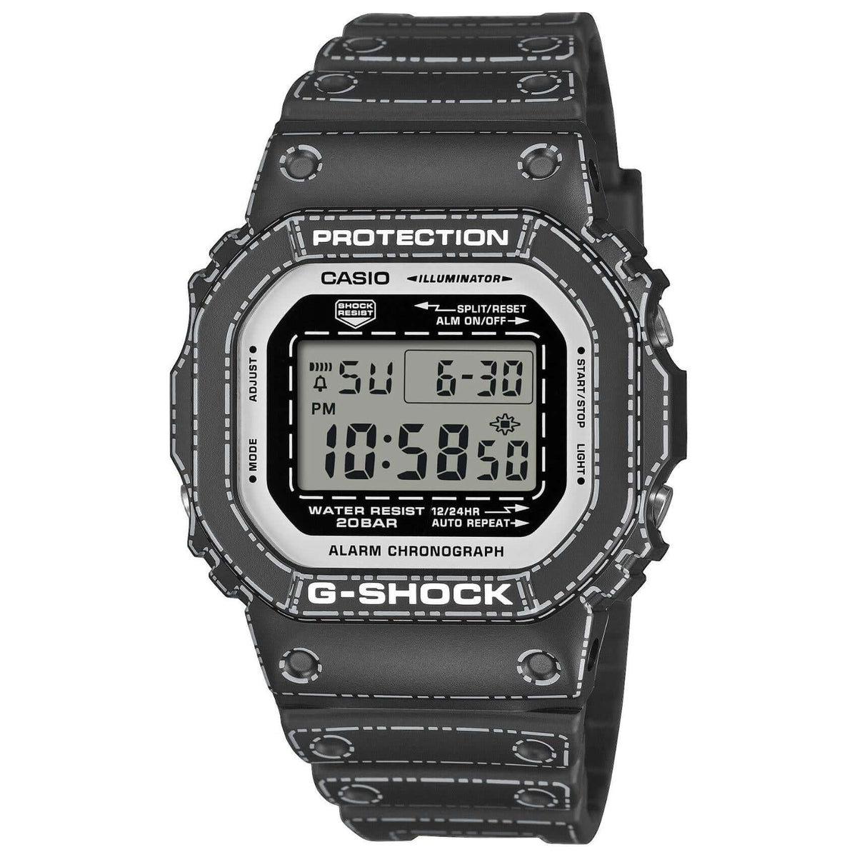 Ρολόι Casio G-Shock DW-5600RGM-1ER με μαύρο καουτσούκ λουράκι και γκρι ψηφιακό καντράν σε τετράγωνο σχήμα.
