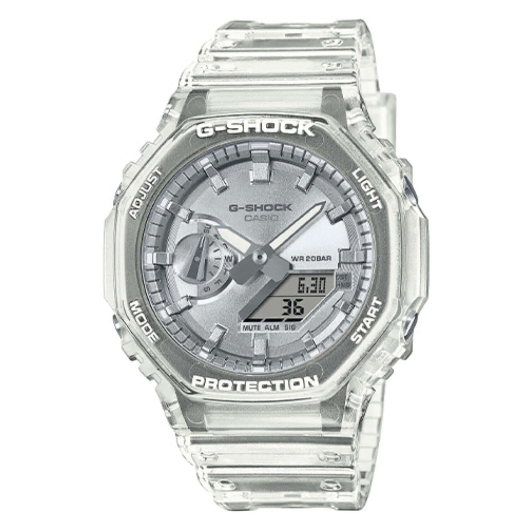 Καταδυτικό αναλογικό/ψηφιακό ρολόι Casio G-Shock GA-2100BM-7A8ER με διάφανο καουτσούκ λουράκι και ασημί καντράν 45,4mm με ημερομηνία.