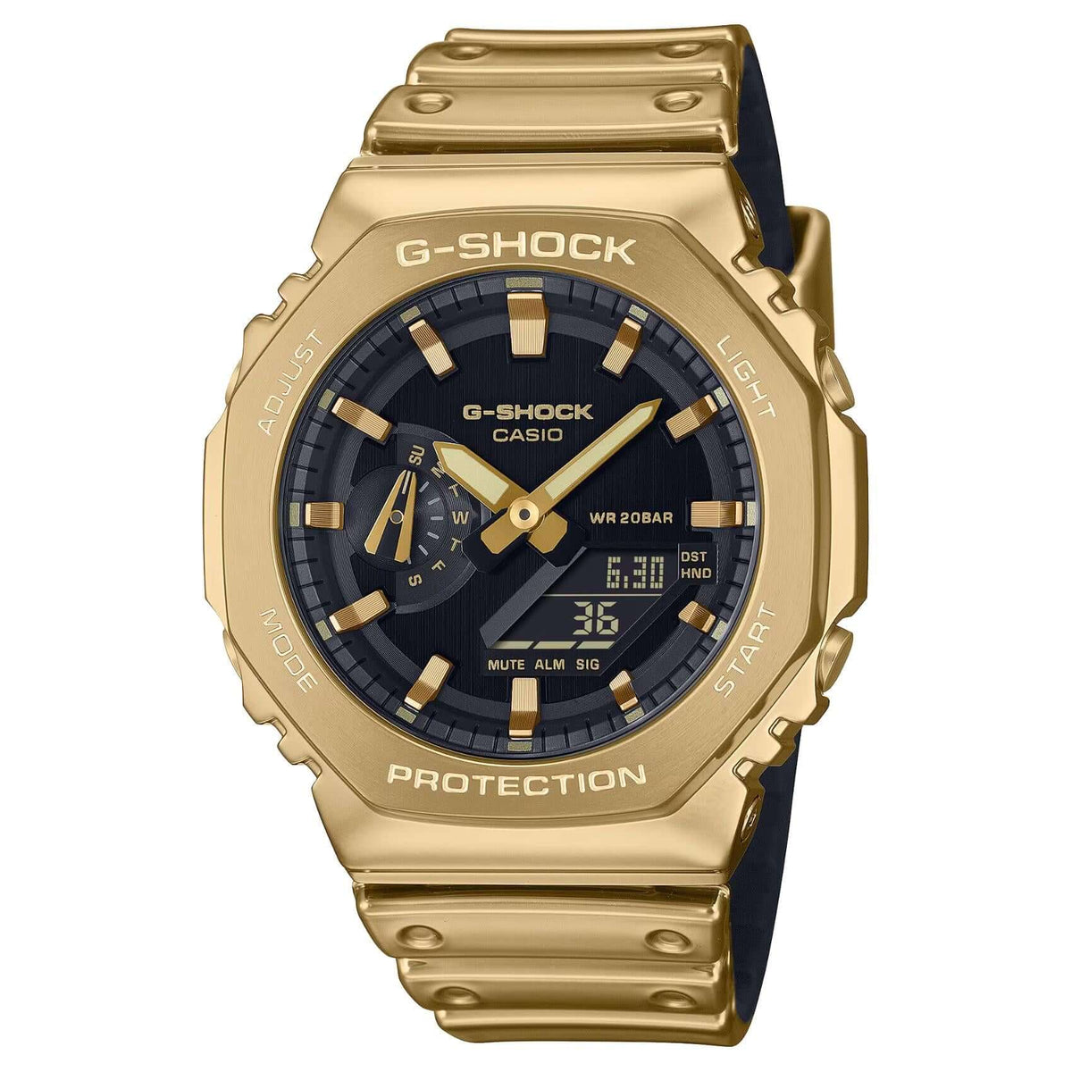Ρολόι Casio G-Shock GM-2100YMG-9AER με χρυσό καουτσουκ λουράκι και οκτάγωνο μαύρο καντράν 45,4mm. με ημερομηνία.