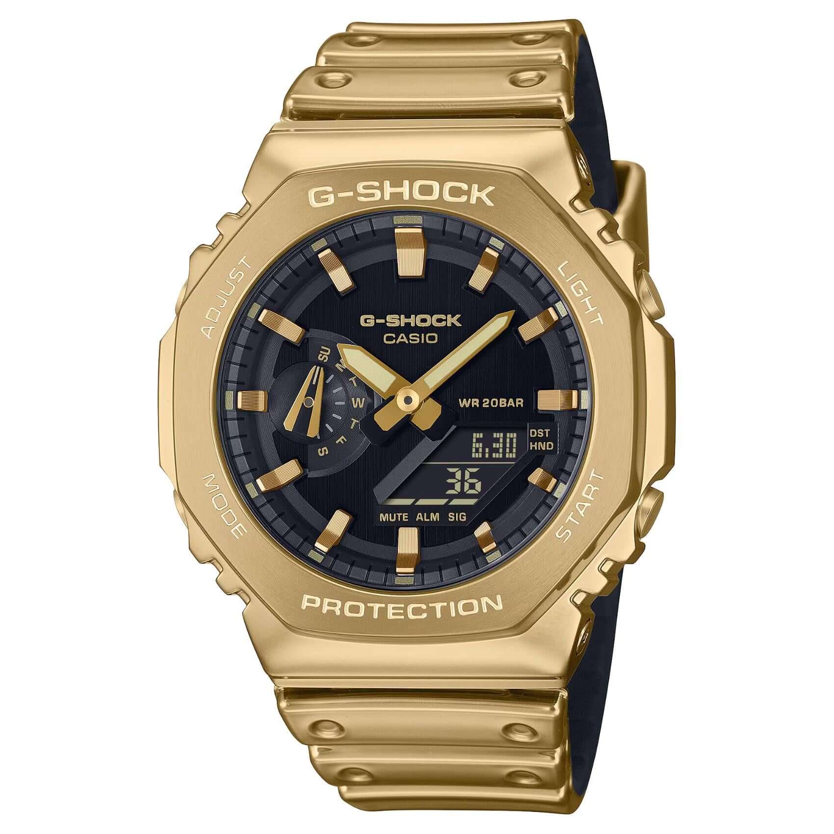 Ρολόι Casio G-Shock GM-2100YMG-9AER με χρυσό καουτσουκ λουράκι και οκτάγωνο μαύρο καντράν 45,4mm. με ημερομηνία.
