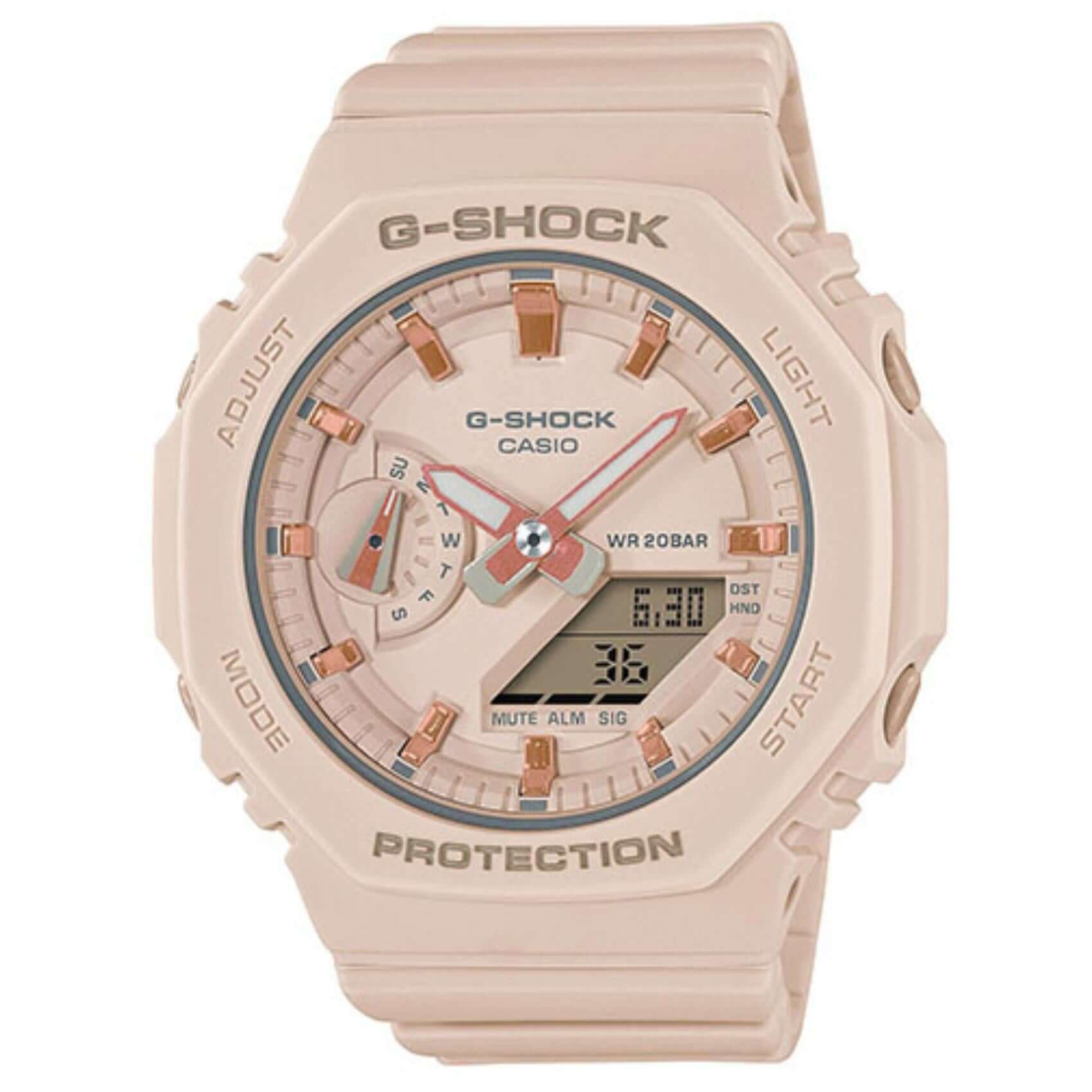 Ψηφιακό/ Αναλογικό ρολόι Casio G-Shock GMA-S2100-4AER με σομόν λουράκι από καουτσούκ και οκτάγωνο σομόν καντράν 45,4mm με ημερομηνία. 