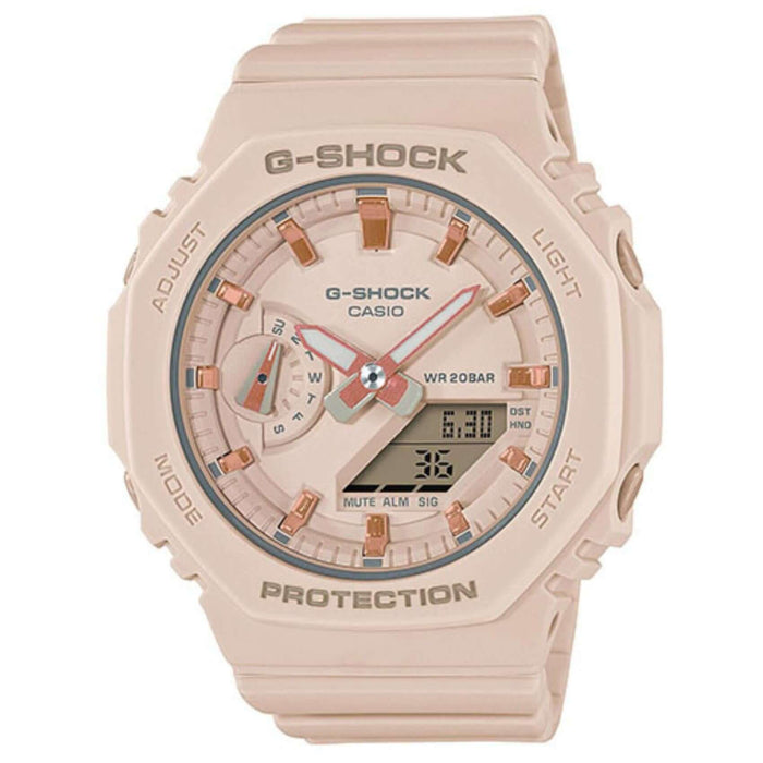 Ψηφιακό/ Αναλογικό ρολόι Casio G-Shock GMA-S2100-4AER με σομόν λουράκι από καουτσούκ και οκτάγωνο σομόν καντράν 45,4mm με ημερομηνία. 