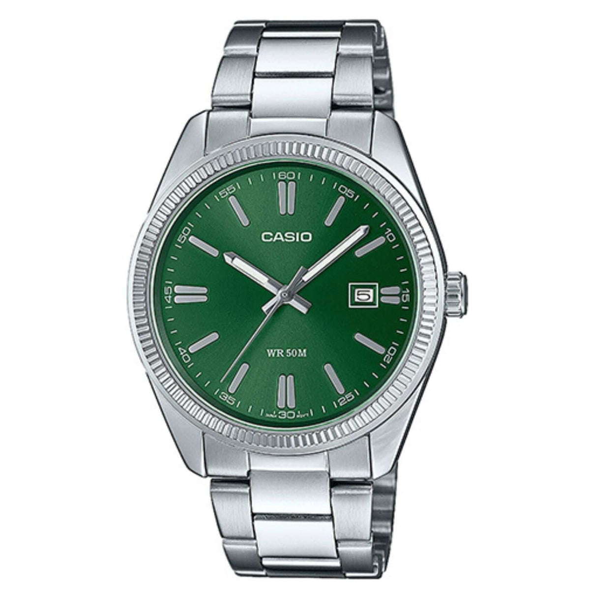 Ανδρικό ρολόι Casio MTP-1302PD-3AVEF με ασημί ατσάλινο μπρασελέ και πράσινο καντράν, 38.5mm, με ημερομηνία.