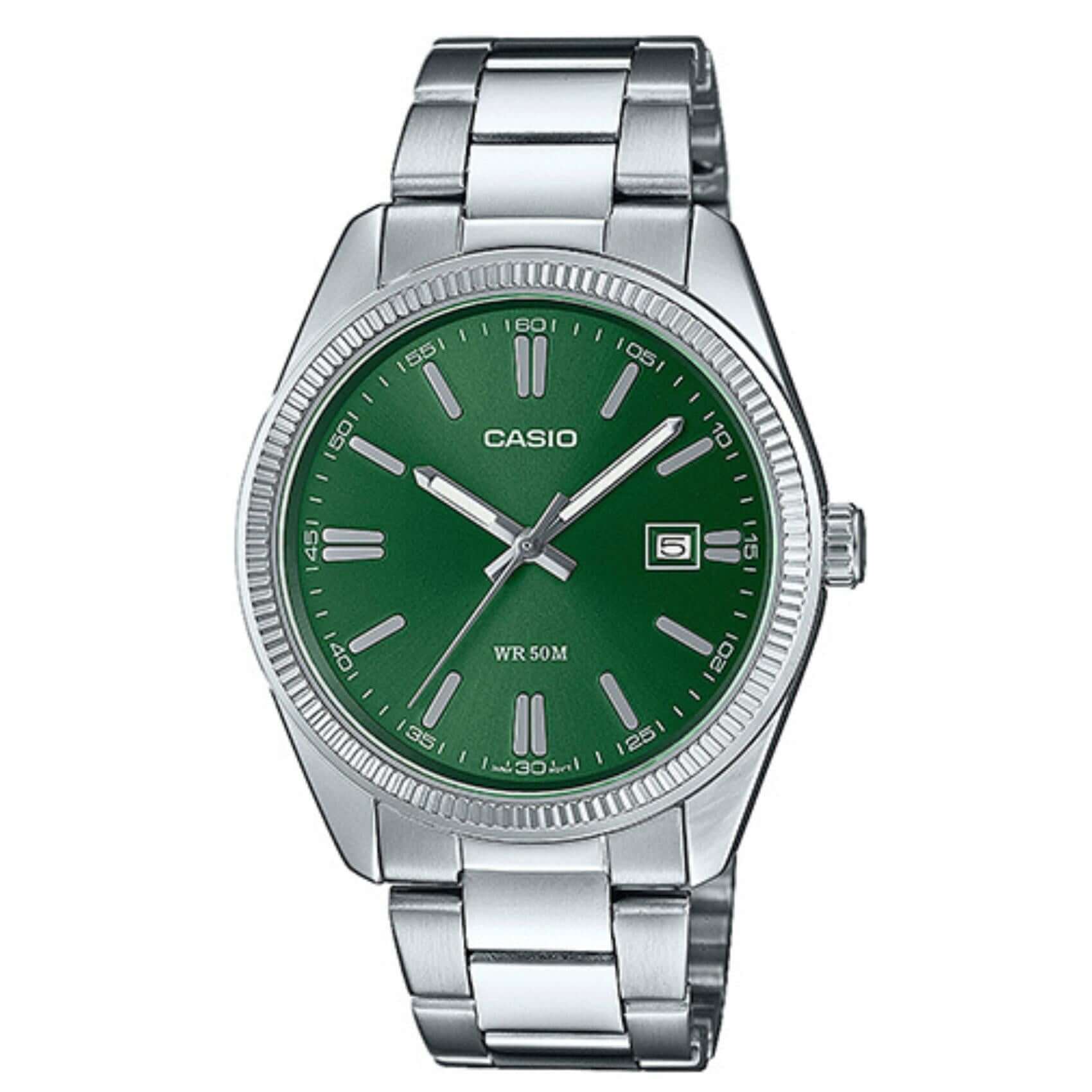 Ανδρικό ρολόι Casio MTP-1302PD-3AVEF με ασημί ατσάλινο μπρασελέ και πράσινο καντράν, 38.5mm, με ημερομηνία.