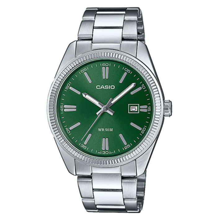 Ανδρικό ρολόι Casio MTP-1302PD-3AVEF με ασημί ατσάλινο μπρασελέ και πράσινο καντράν, 38.5mm, με ημερομηνία.