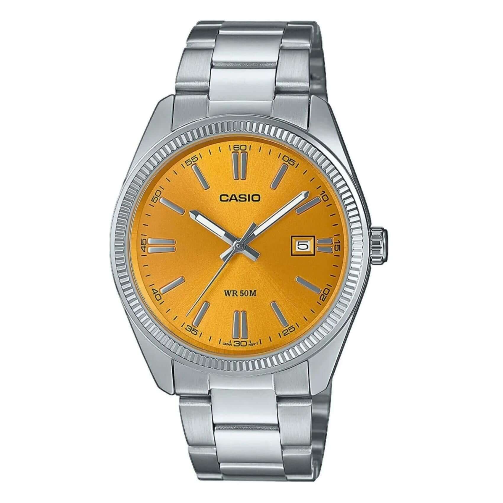 Ανδρικό ρολόι Casio MTP-1302PD-9AVEF με ασημί ατσάλινο μπρασελέ και πορτοκαλί καντράν, 38.5mm, με ημερομηνία.