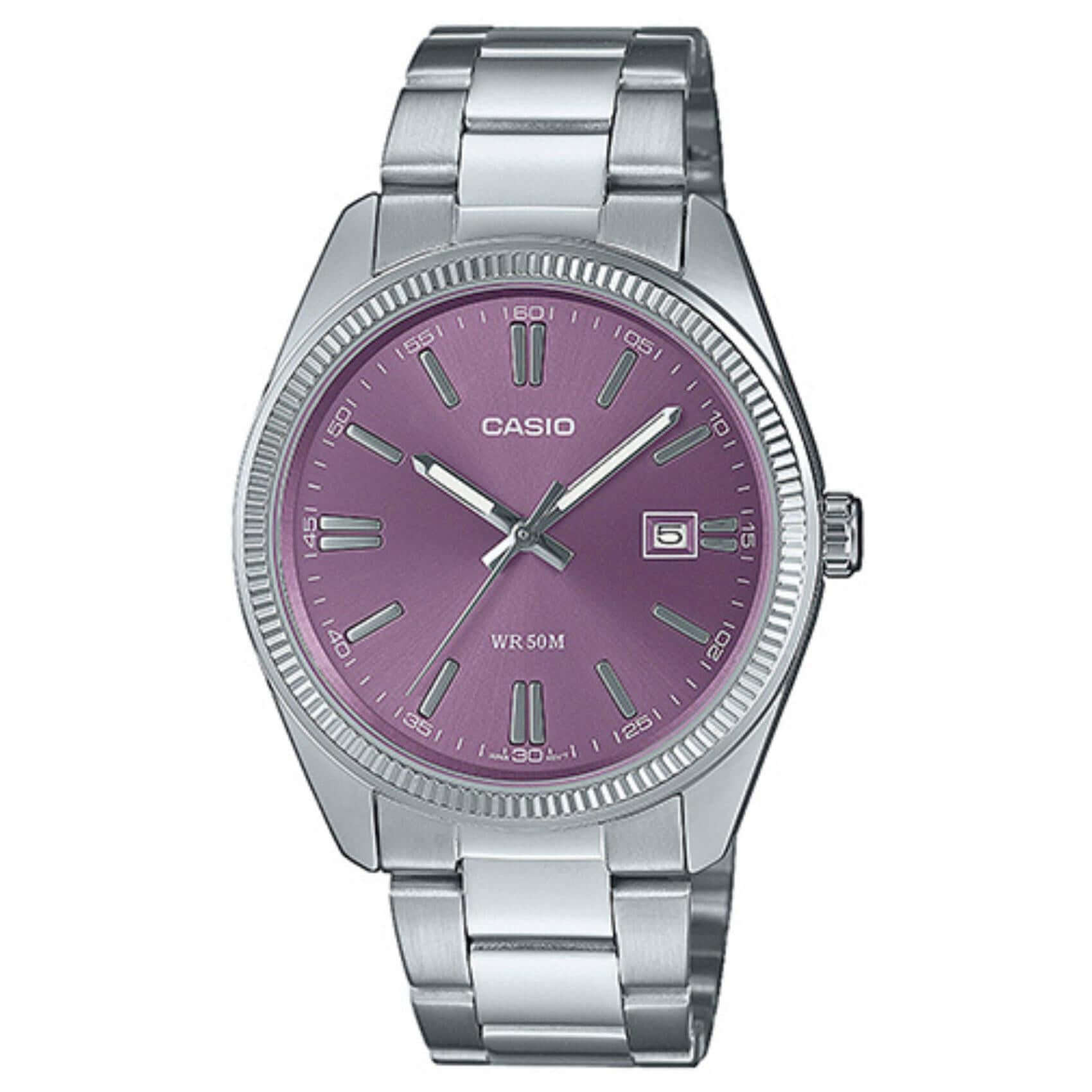 Ανδρικό ρολόι Casio MTP-1302PD-6AVEF με ασημί ατσάλινο μπρασελέ και μωβ καντράν, 38.5mm, με ημερομηνία.