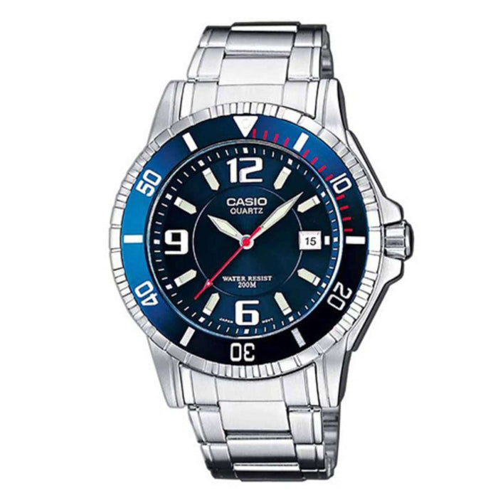Καταδυτικό ρολόι Casio MTD-1053D-2AV με  ασημί μπρασελέ, μπλε καντράν 43mm με χρονόμετρο & ημερομηνία.