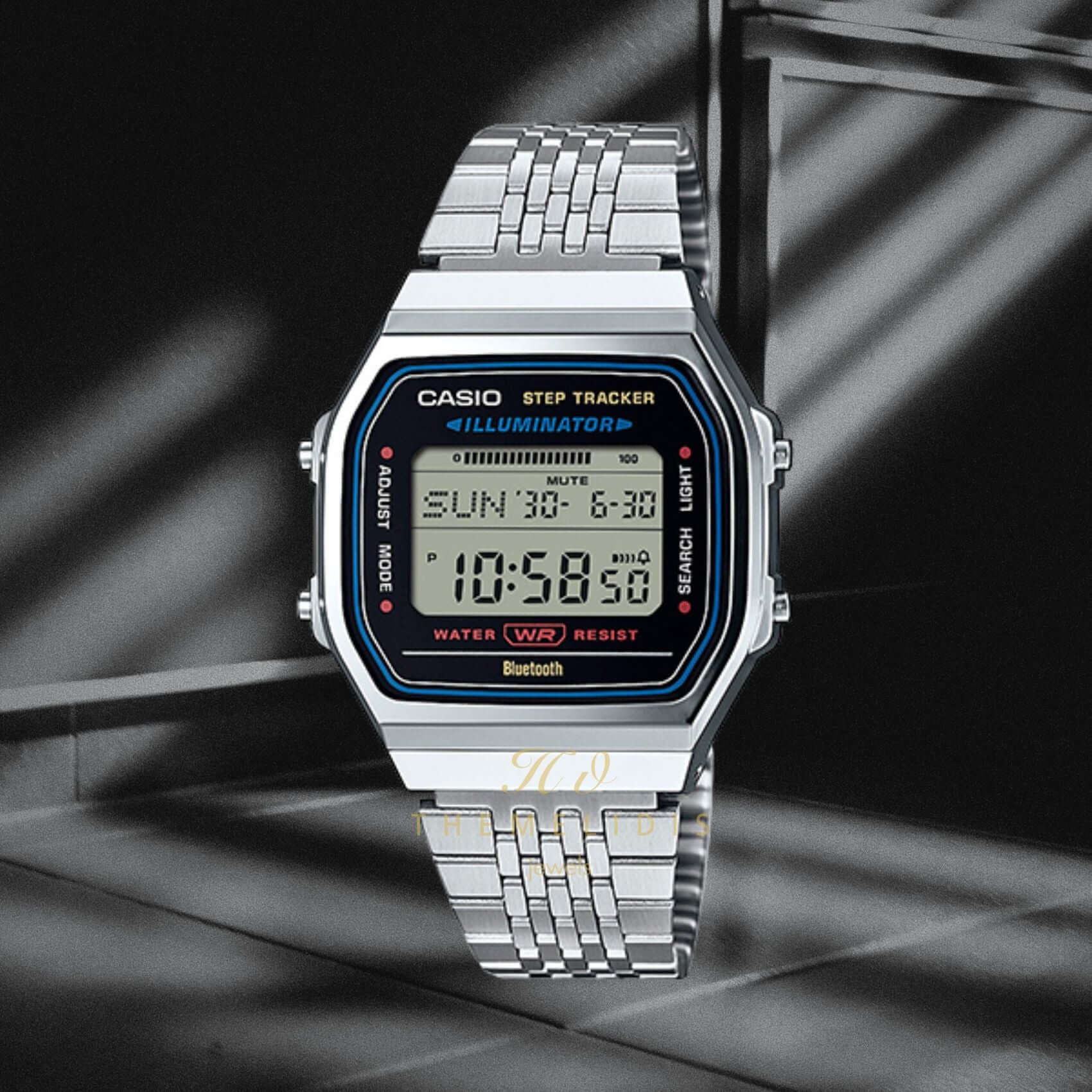 Unisex ρολόι Casio Vintage ABL-100WE-1AEF με μαύρη οθόνη και ασημί ατσάλινο μπρασελέ.