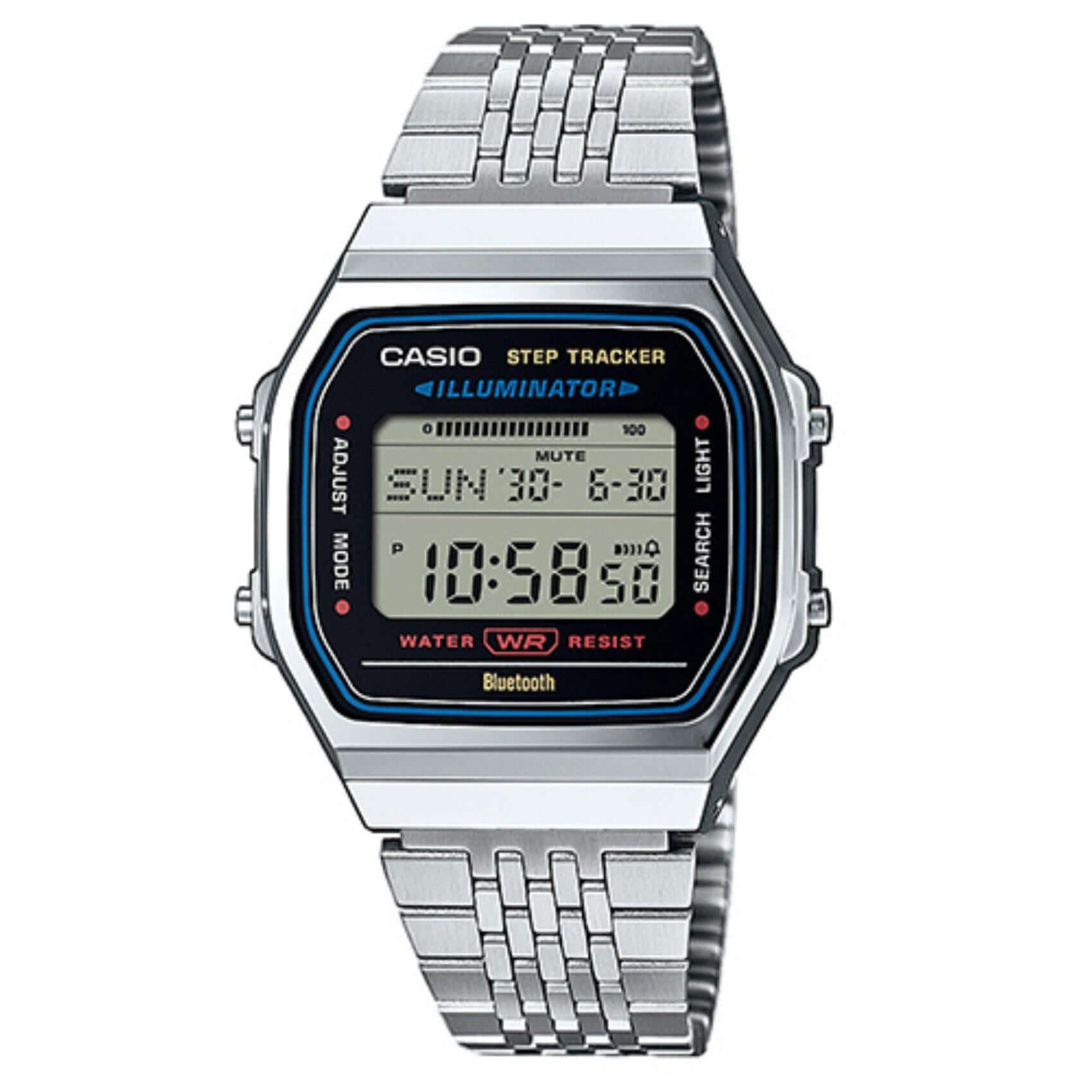 Unisex ρολόι Casio Vintage ABL-100WE-1AEF με ασημί ατσάλινο μπρασελέ και μαύρη οθόνη.