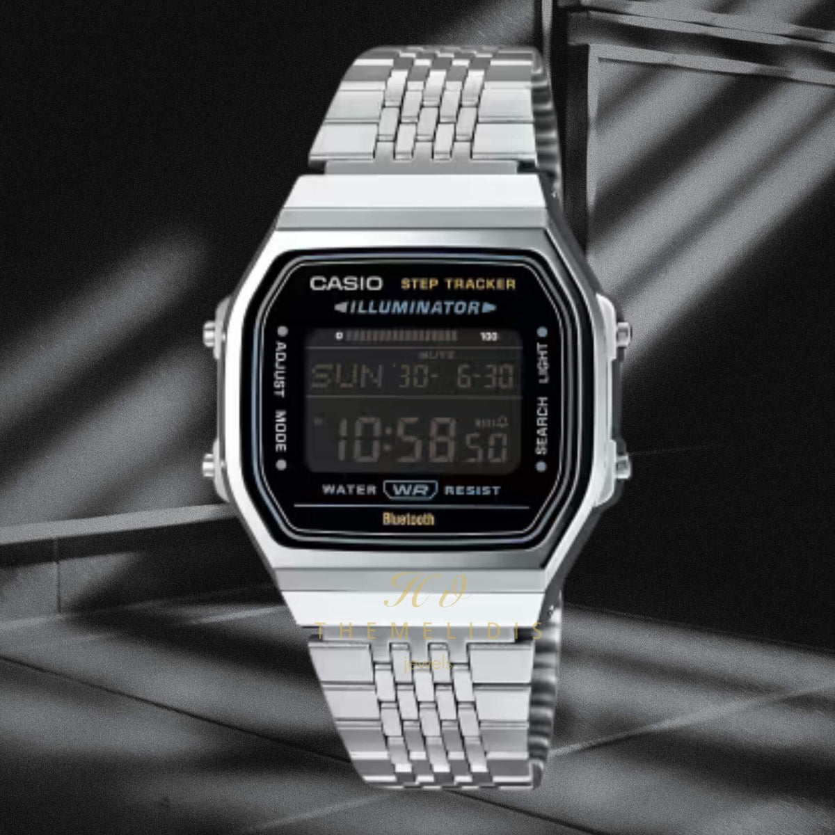 Unisex ρολόι Casio Vintage ABL-100WE-1BEF με μαύρη ψηφιακή ένδειξη και ασημί ατσάλινο μπρασελέ.