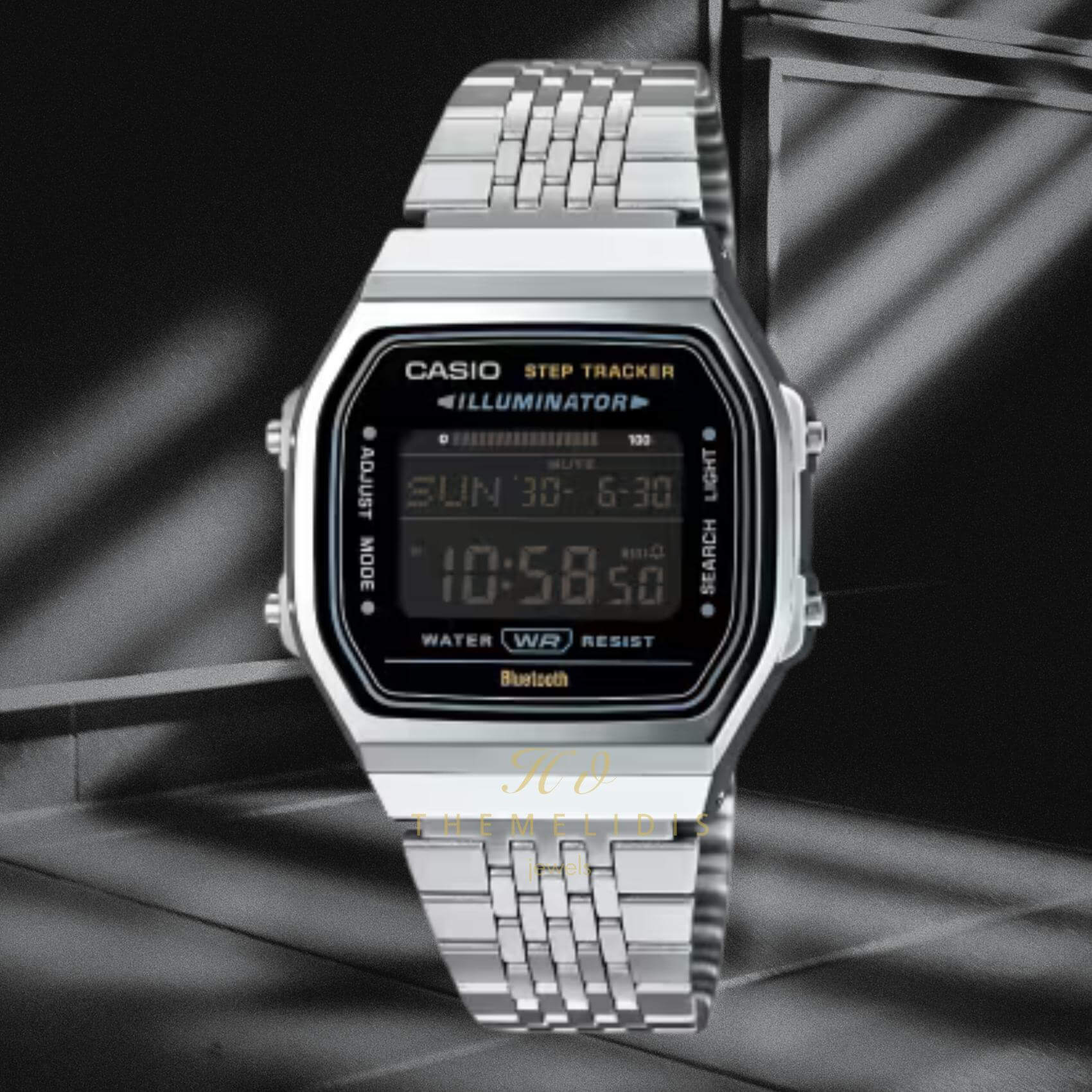 Unisex ρολόι Casio Vintage ABL-100WE-1BEF με μαύρη ψηφιακή ένδειξη και ασημί ατσάλινο μπρασελέ.