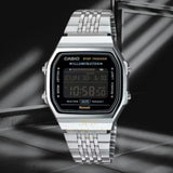 Unisex ρολόι Casio Vintage ABL-100WE-1BEF με μαύρη ψηφιακή ένδειξη και ασημί ατσάλινο μπρασελέ.