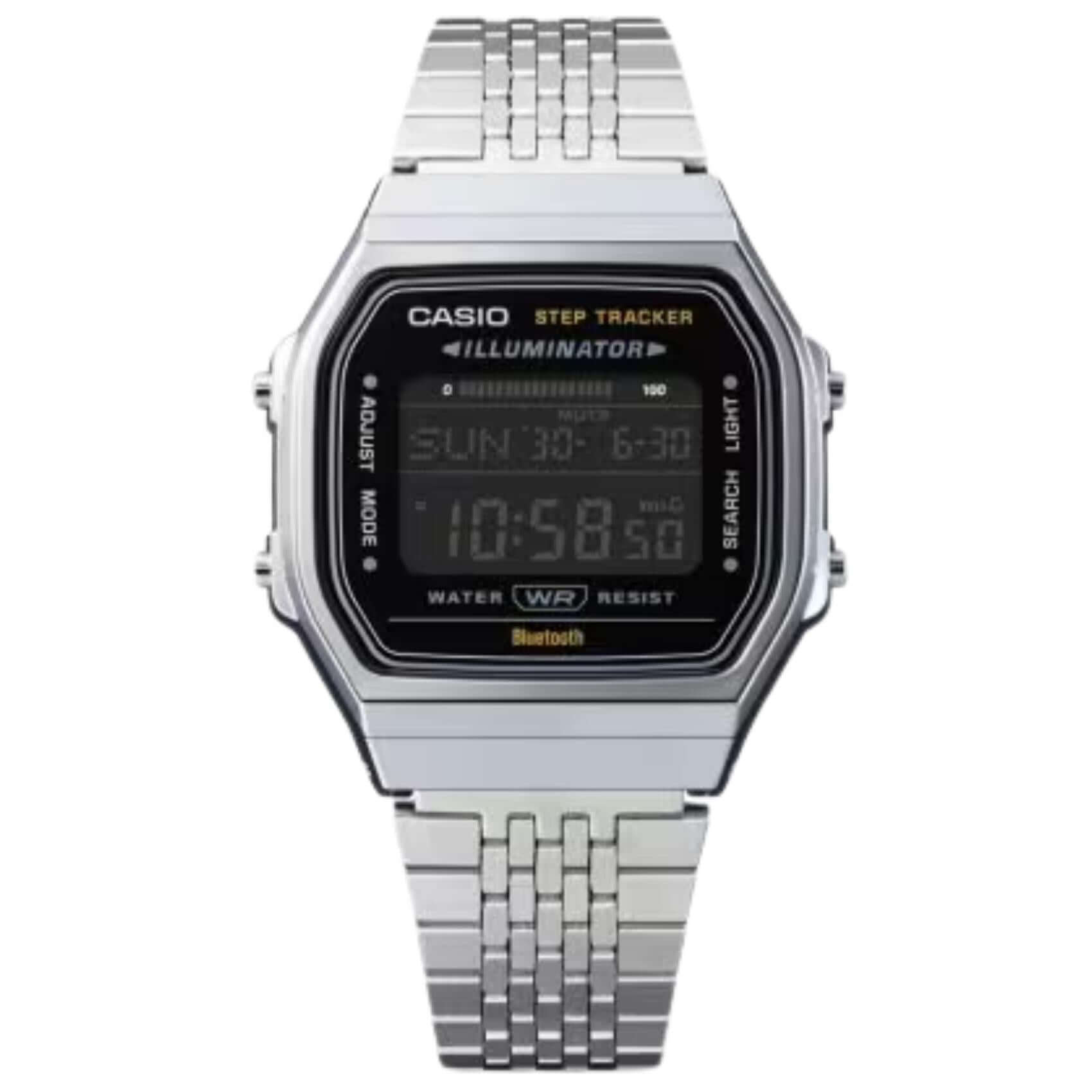 Unisex ρολόι Casio Vintage ABL-100WE-1BEF με ασημί ατσάλινο μπρασελέ τετράγωνο πλαίσιο και μαύρη ψηφιακή ένδειξη 38mm.