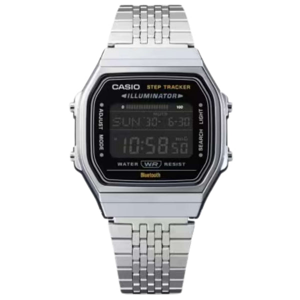 Unisex ρολόι Casio Vintage ABL-100WE-1BEF με ασημί ατσάλινο μπρασελέ τετράγωνο πλαίσιο και μαύρη ψηφιακή ένδειξη 38mm.