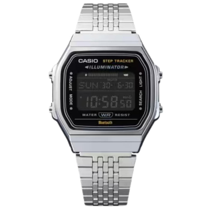 Unisex ρολόι Casio Vintage ABL-100WE-1BEF με ασημί ατσάλινο μπρασελέ τετράγωνο πλαίσιο και μαύρη ψηφιακή ένδειξη 38mm.