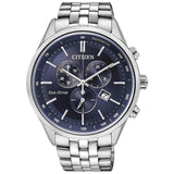 Ρολόι χρονογράφος Citizen Eco-Drive AT2141-52L με ασημί ατσάλινο μπρασελέ και μπλε καντράν διαμέτρου 42mm.