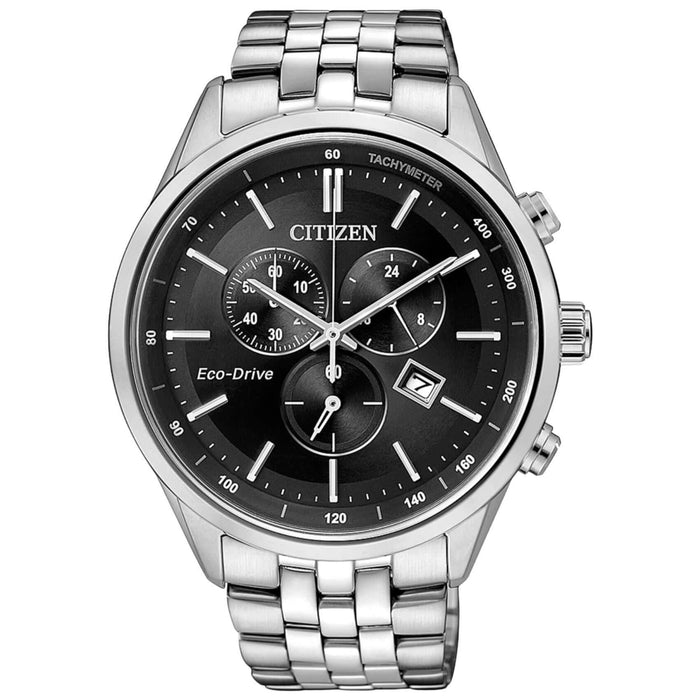 Ρολόι χρονογράφος Citizen Eco-Drive AT2141-87E με ασημί ατσάλινο μπρασελέ και μαύρο καντράν διαμέτρου 42mm.