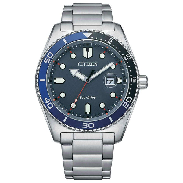 Ρολόι Citizen Eco-Drive AW1761-89L με ασημί ατσάλινο μπρασελέ και μπλε καντράν διαμέτρου 43mm.