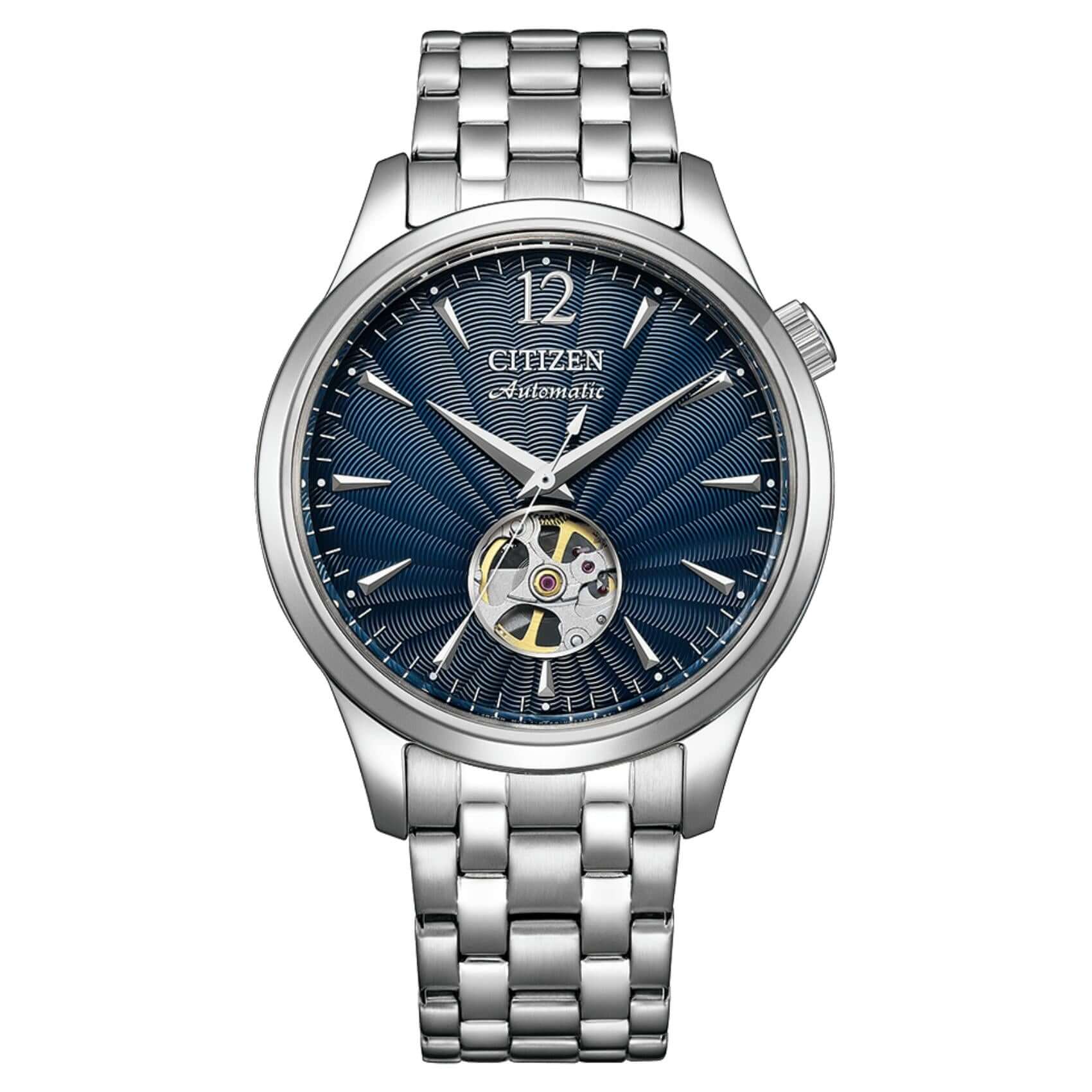 Ανδρικό ρολόι Citizen Classic NH9131-73L με ασημί ατσάλινο μπρασελέ και μπλε skeleton καντράν 40mm.