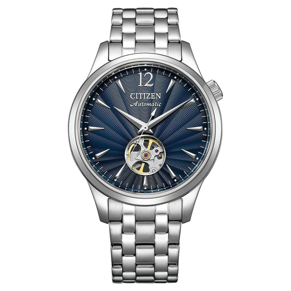 Ανδρικό ρολόι Citizen Classic NH9131-73L με ασημί ατσάλινο μπρασελέ και μπλε skeleton καντράν 40mm.
