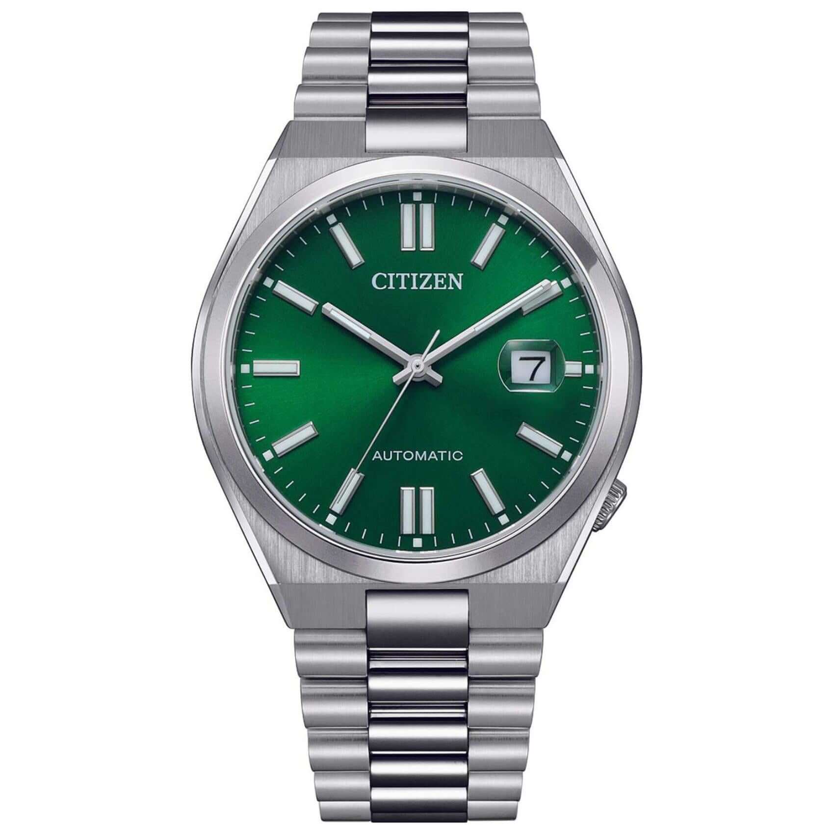 Αυτόματο ρολόι Citizen Tsuyosa NJ0150-81X με ασημί ατσάλινο μπρασελέ και πράσινο καντράν διαμέτρου 40mm και open back μηχανισμό.