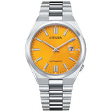 Αυτόματο ρολόι Citizen Tsuyosa NJ0150-81Z με ασημί ατσάλινο μπρασελέ και πορτοκαλί καντράν διαμέτρου 40mm και open back μηχανισμό.