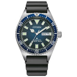 Καταδυτικό ρολόι Citizen Promaster Divers NY0129-07LE με μαύρο καουτσούκ λουράκι και μπλε καντράν διαμέτρου 41mm.