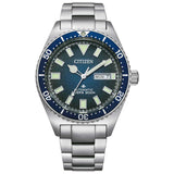 Καταδυτικό ρολόι Citizen Promaster Divers NY0129-58LE αυτόματο με ασημί ατσάλινο μπρασελέ και μπλε καντράν διαμέτρου 41mm.