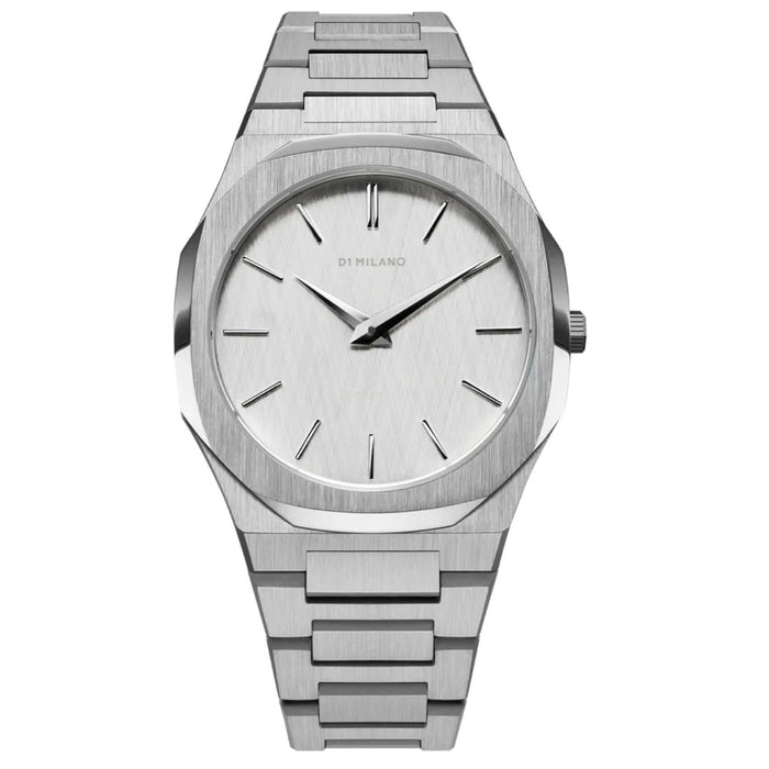 Ρολόι D1 Milano Ultra Thin Linen D1-UTBJ23 που συνδυάζει ασημί ατσάλινο μπρασελέ και ασημί καντράν διαμέτρου 40mm σε οκτάγωνο σχήμα.