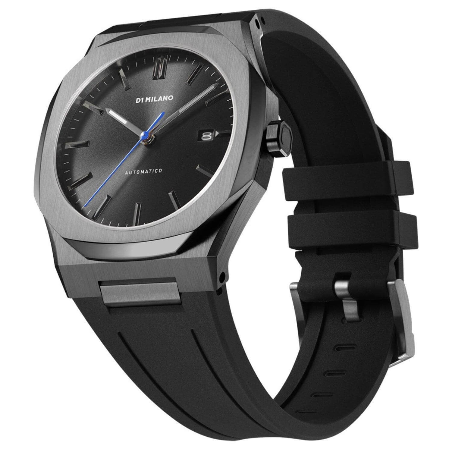Ρολόι D1 Milano Retro Blue D1-ATRJ11 με μαύρο καουτσούκ λουρί, μαύρο καντράν με μπλε δείκτη, ένδειξη ημερομηνίας και οκτάγωνο στεφάνι διαμέτρου 41.5 mm αδιάβροχο στις 5ATM-50M.