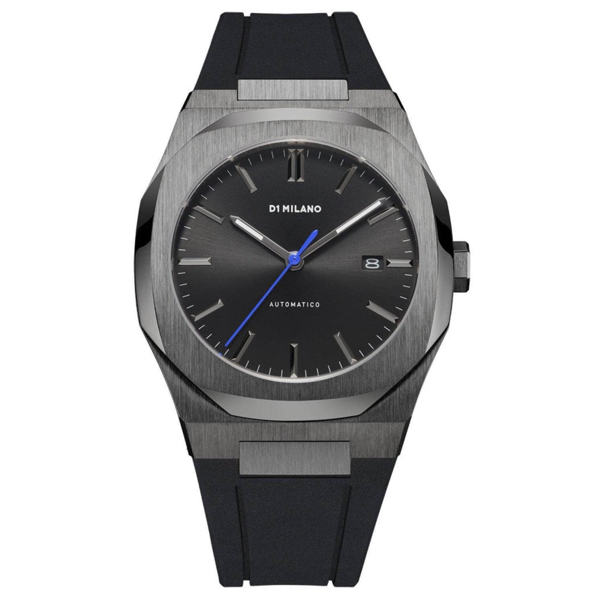 Ρολόι D1 Milano Retro Blue D1-ATRJ11 με μαύρο καουτσούκ λουρί, μαύρο καντράν με μπλε δείκτη, ένδειξη ημερομηνίας και οκτάγωνο στεφάνι διαμέτρου 41.5 mm αδιάβροχο στις 5ATM-50M.