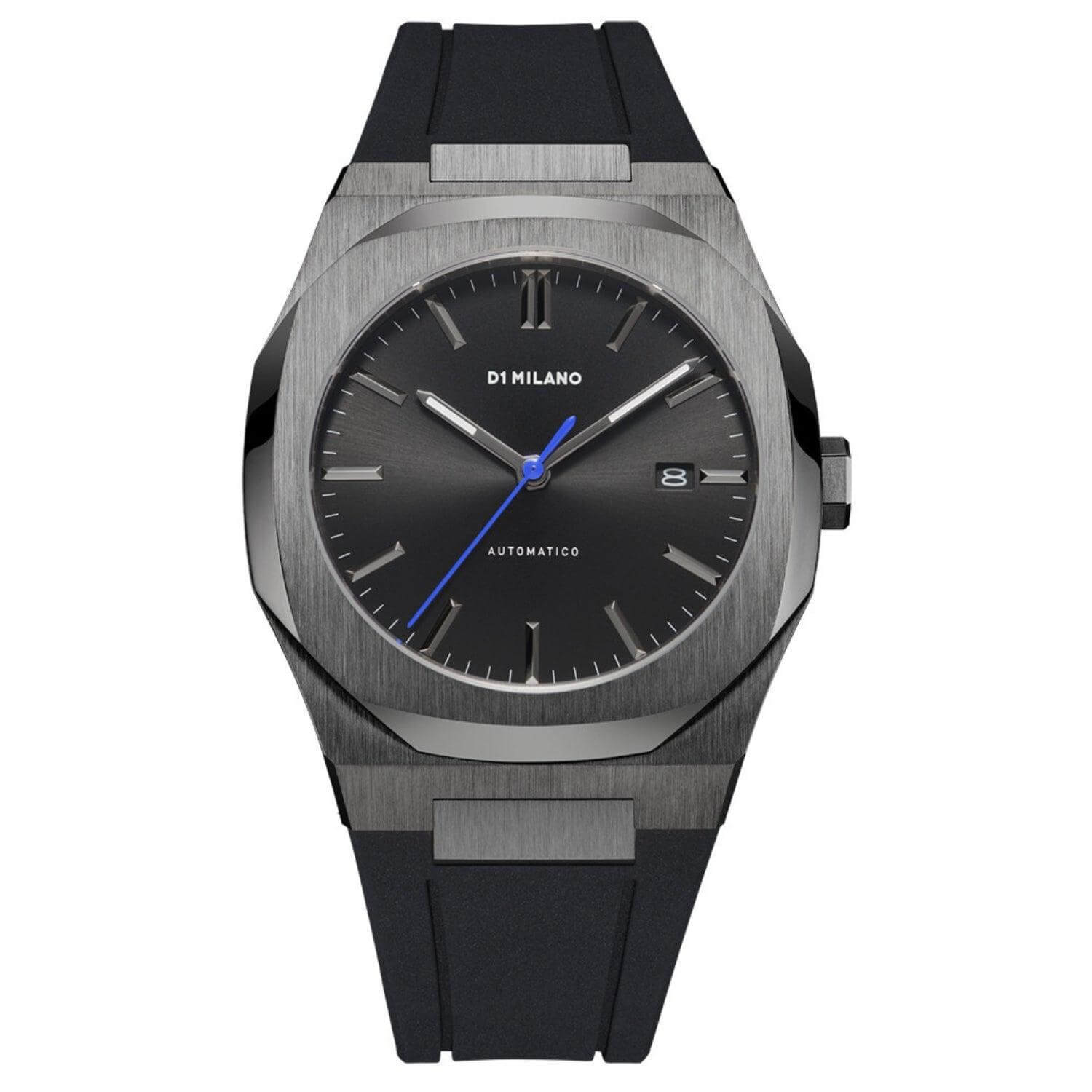 Ρολόι D1 Milano Retro Blue D1-ATRJ11 με μαύρο καουτσούκ λουρί, μαύρο καντράν με μπλε δείκτη, ένδειξη ημερομηνίας και οκτάγωνο στεφάνι διαμέτρου 41.5 mm αδιάβροχο στις 5ATM-50M.