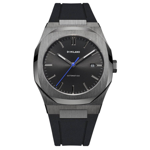 Ρολόι D1 Milano Retro Blue D1-ATRJ11 με μαύρο καουτσούκ λουρί, μαύρο καντράν με μπλε δείκτη, ένδειξη ημερομηνίας και οκτάγωνο στεφάνι διαμέτρου 41.5 mm αδιάβροχο στις 5ATM-50M.