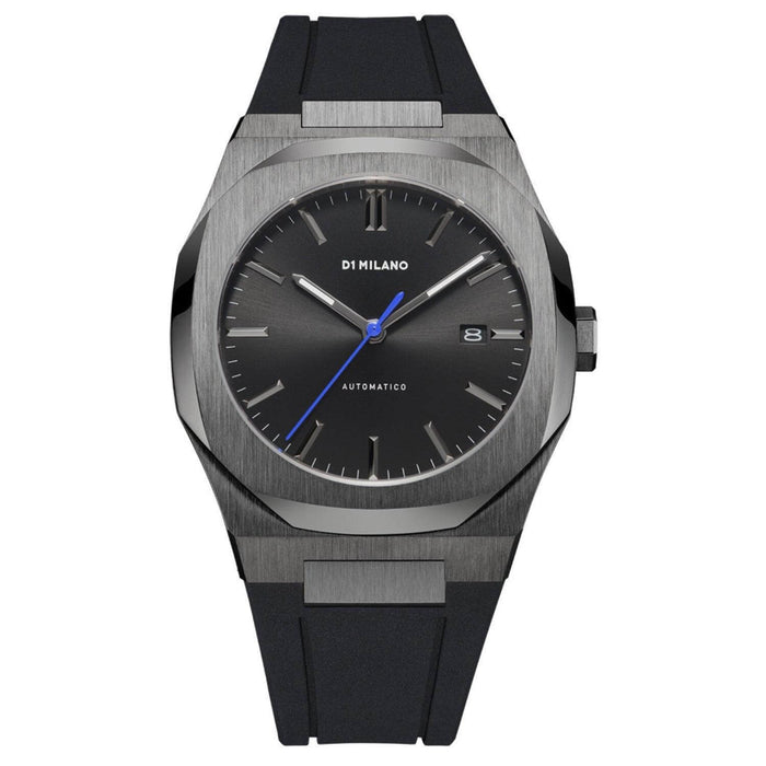 Ρολόι D1 Milano Retro Blue D1-ATRJ11 με μαύρο καουτσούκ λουρί, μαύρο καντράν με μπλε δείκτη, ένδειξη ημερομηνίας και οκτάγωνο στεφάνι διαμέτρου 41.5 mm αδιάβροχο στις 5ATM-50M.