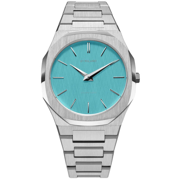 Ρολόι D1 Milano Ultra Thin D1-UTBU08 Light Blue με ασημί ατσάλινο και γαλάζιο καντράν με διάμετρο στα 38mm και οκτάγωνο σχήμα.