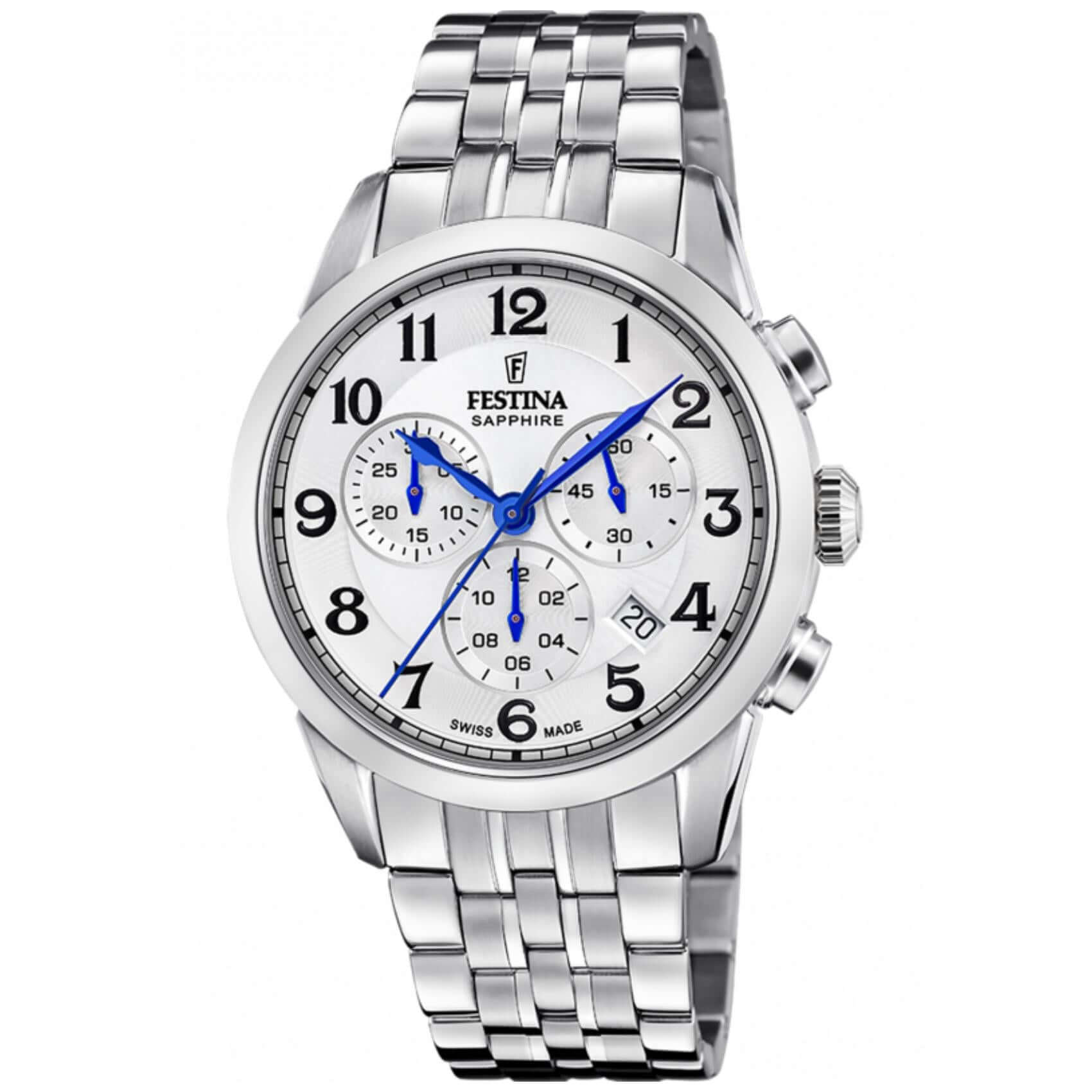 Ρολόι Festina F20040/1 Swiss Made με ασημί ατσάλινο μπρασελέ και ασημί καντράν με διάμετρο 41mm.