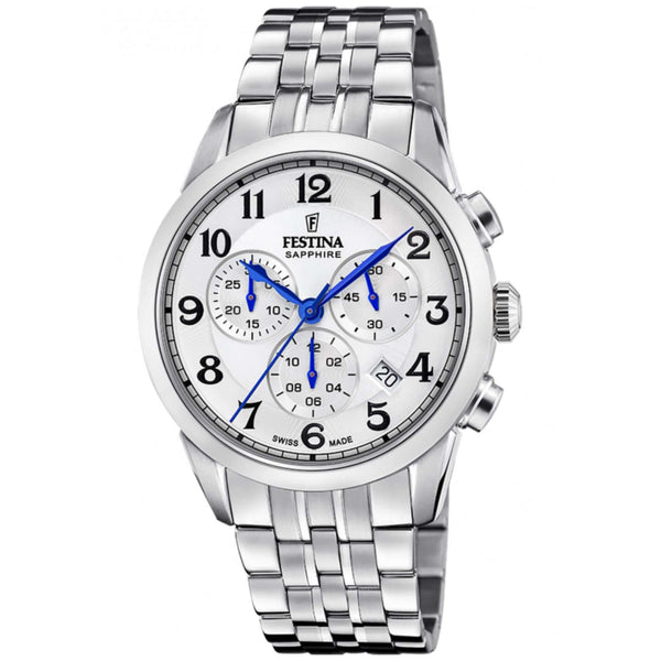 Ρολόι Festina F20040/1 Swiss Made με ασημί ατσάλινο μπρασελέ και ασημί καντράν με διάμετρο 41mm.