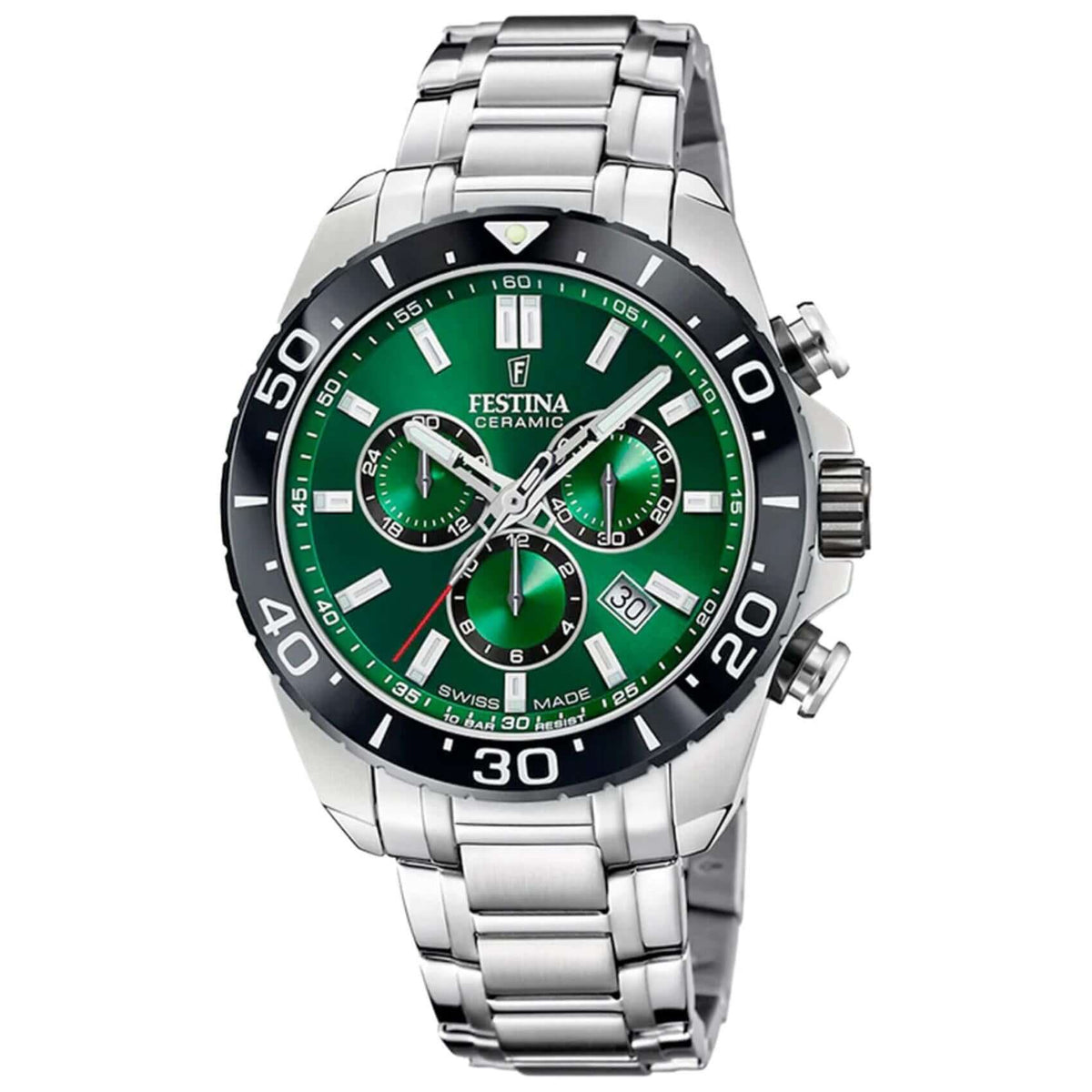 Ρολόι Festina F20042/3 Swiss Made με ασημί ατσάλινο μπρασελέ και πράσινο καντράν με διάμετρο 44mm.