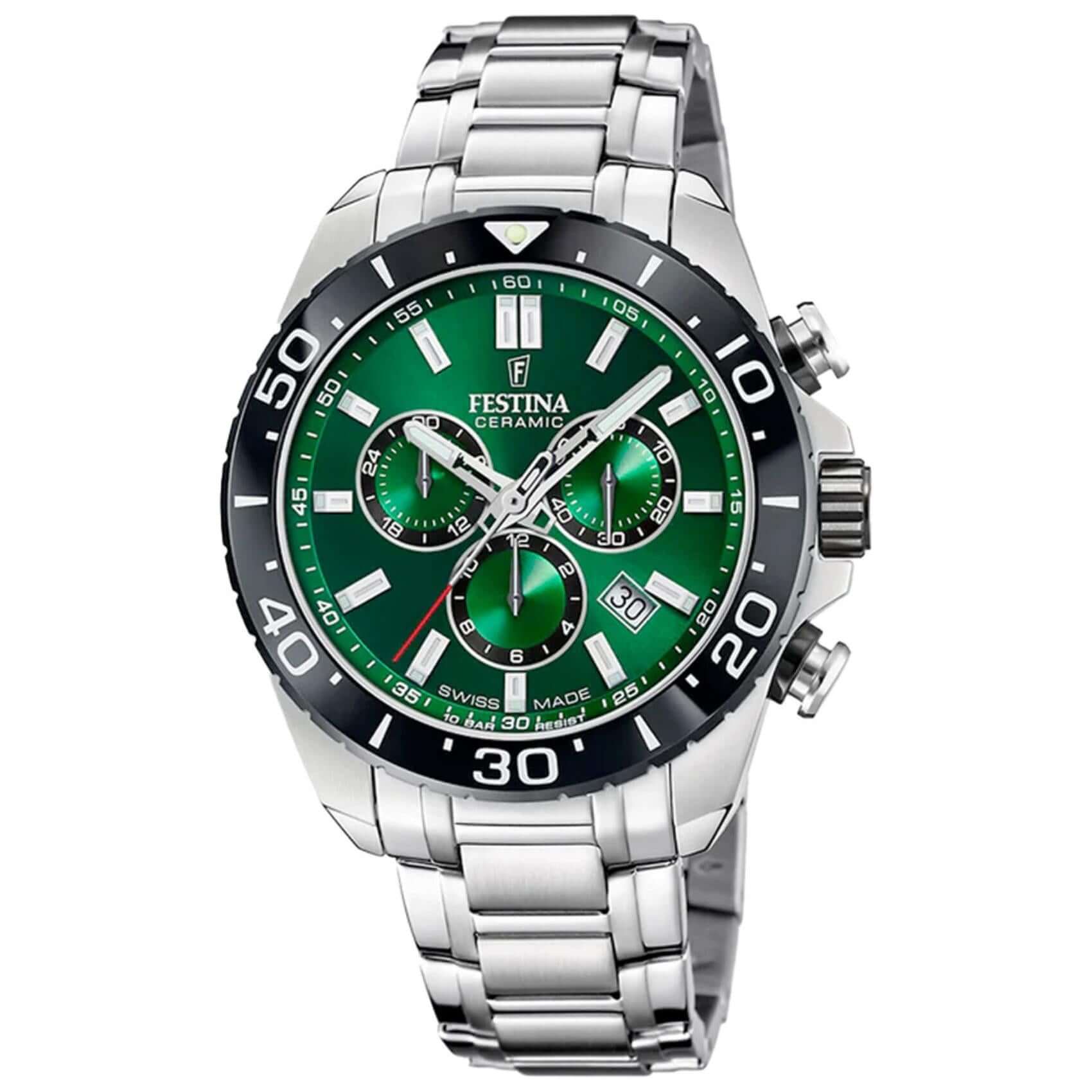 Ρολόι Festina F20042/3 Swiss Made με ασημί ατσάλινο μπρασελέ και πράσινο καντράν με διάμετρο 44mm.