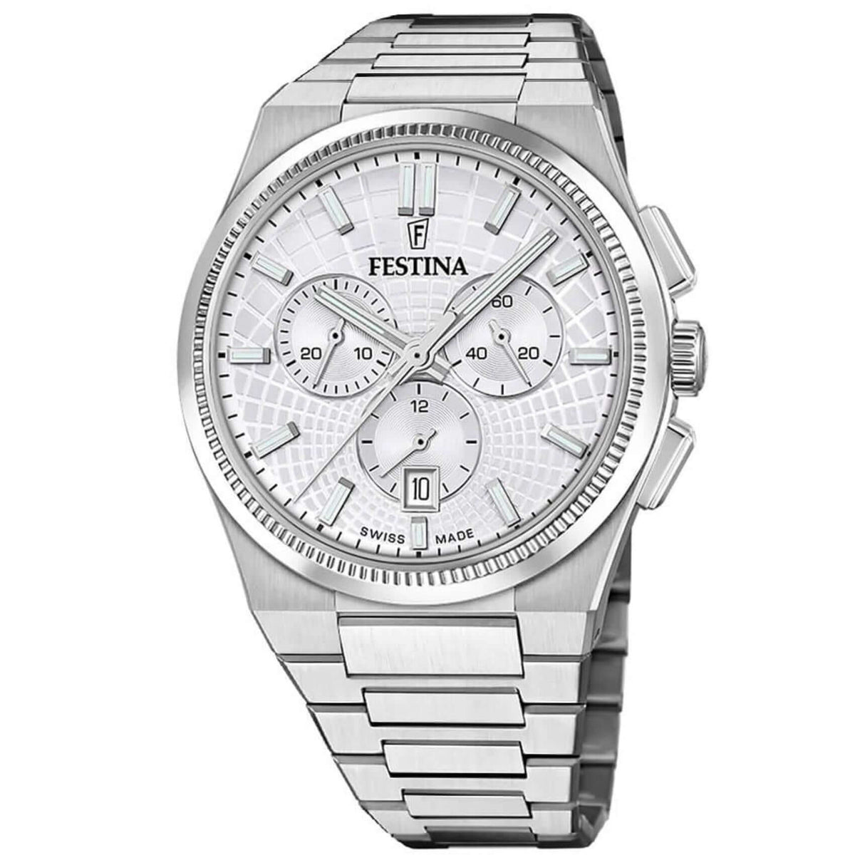 Ρολόι Festina Rive F20059/1 Swiss Made με ασημί ατσάλινο μπρασελέ και ασημί καντράν με διάμετρο 42.5mm.