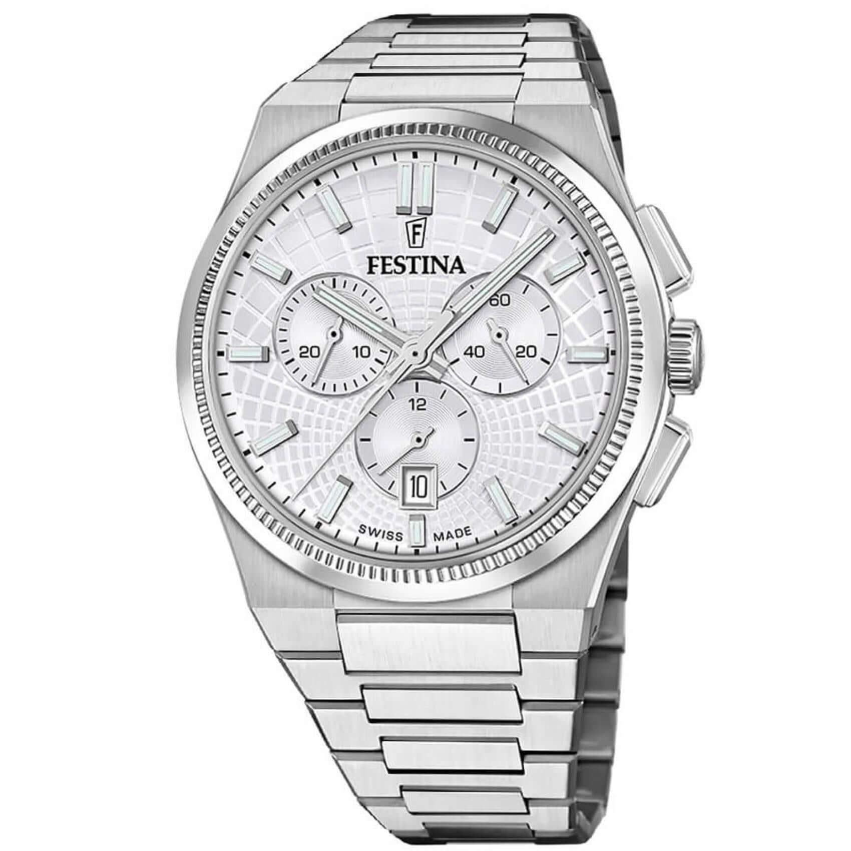 Ρολόι Festina Rive F20059/1 Swiss Made με ασημί ατσάλινο μπρασελέ και ασημί καντράν με διάμετρο 42.5mm.