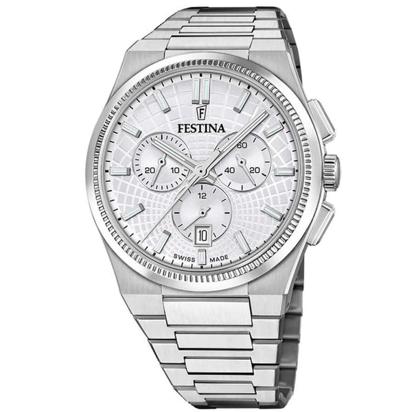 Ρολόι Festina Rive F20059/1 Swiss Made με ασημί ατσάλινο μπρασελέ και ασημί καντράν με διάμετρο 42.5mm.